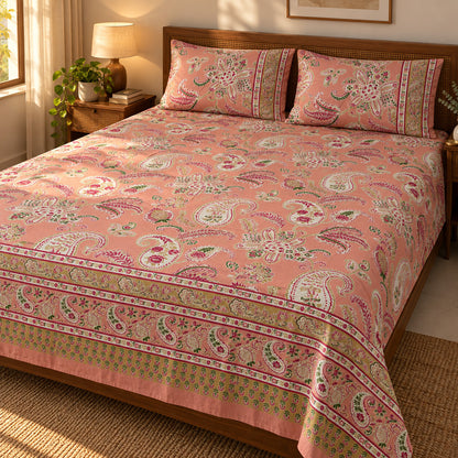 Peach Paisley Rangrez Bedsheet - BS_RZ_KS_008 - golden hour