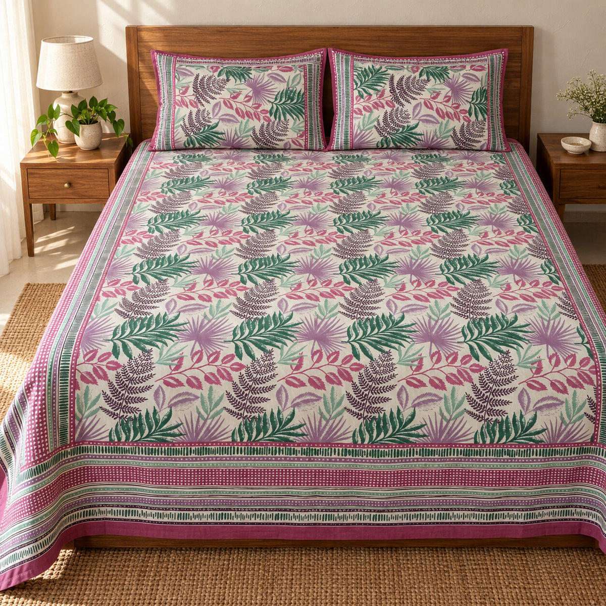 Pink Fern Garden Rangrez Bedsheet - BS_RZ_KS_009 - bed lifestyle