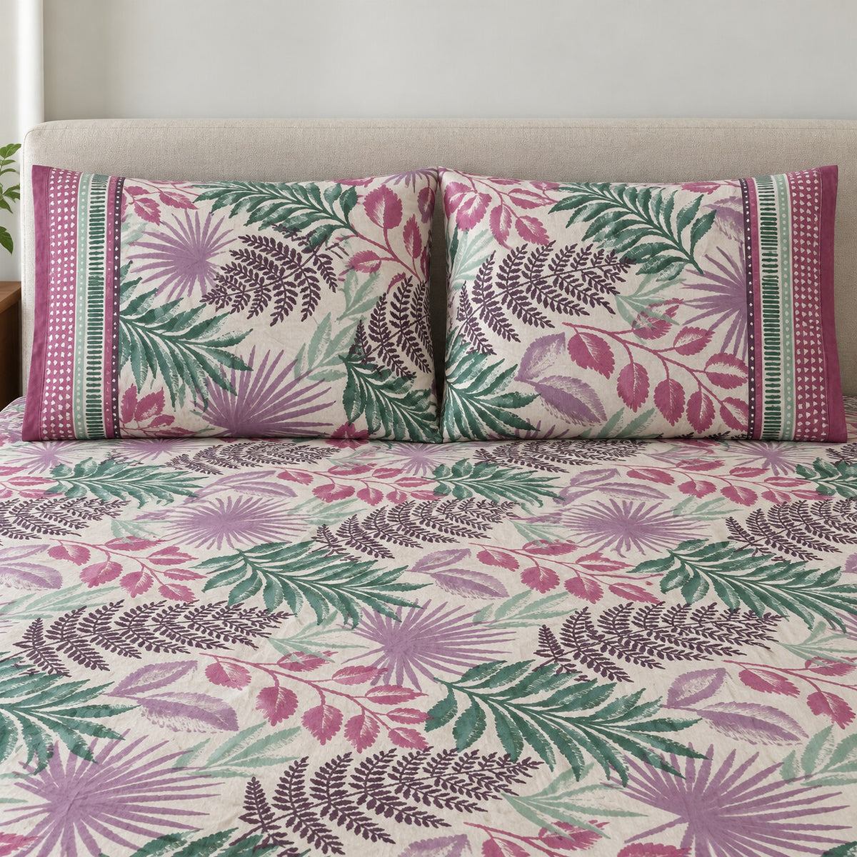 Pink Fern Garden Rangrez Bedsheet - BS_RZ_KS_009 - pillow covers