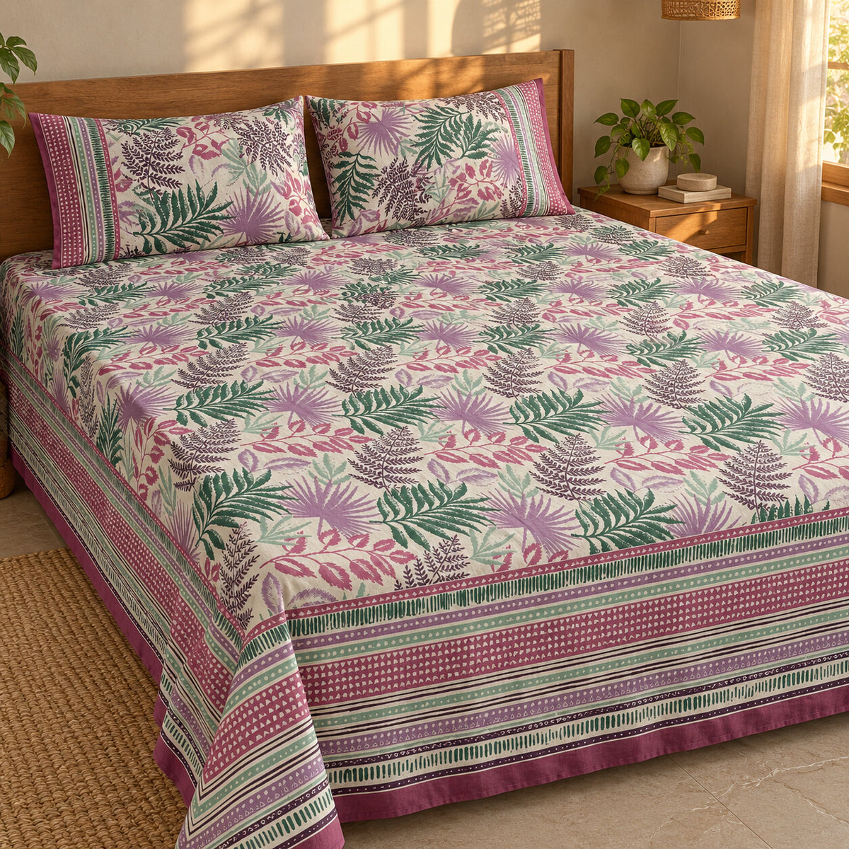 Pink Fern Garden Rangrez Bedsheet - BS_RZ_KS_009 - golden hour