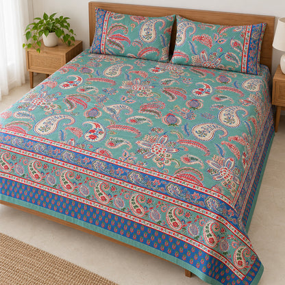 Teal Paisley Rangrez Bedsheet - BS_RZ_KS_010 - hero