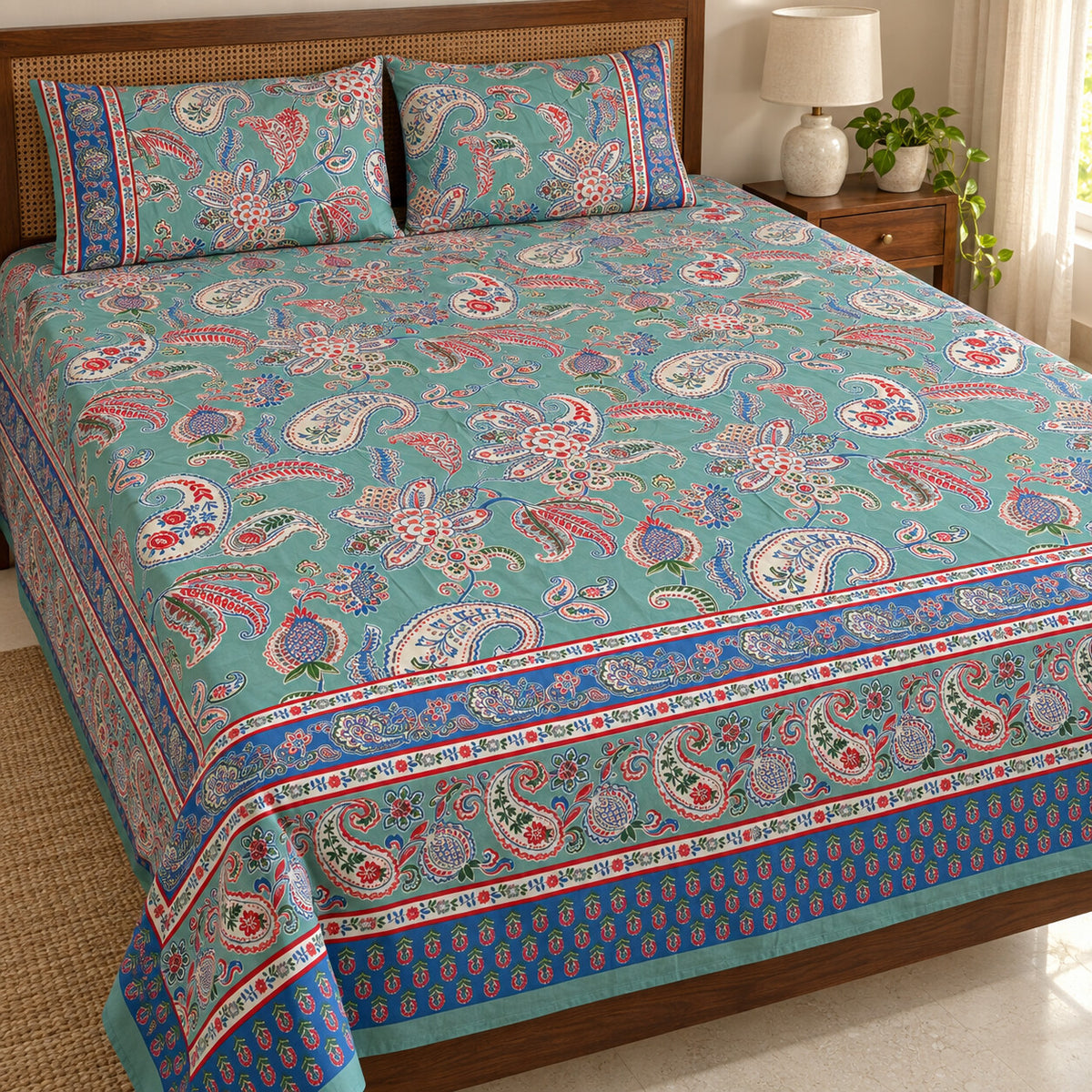 Teal Paisley Rangrez Bedsheet - BS_RZ_KS_010 - bed lifestyle