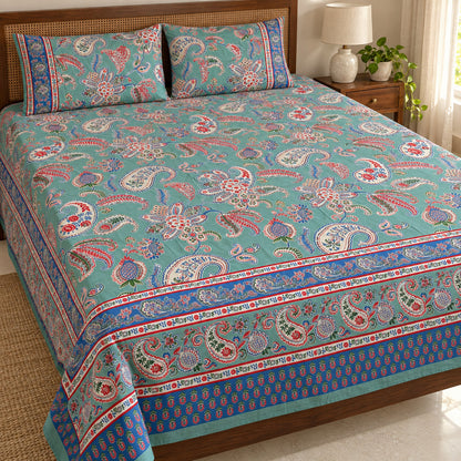Teal Paisley Rangrez Bedsheet - BS_RZ_KS_010 - bed lifestyle