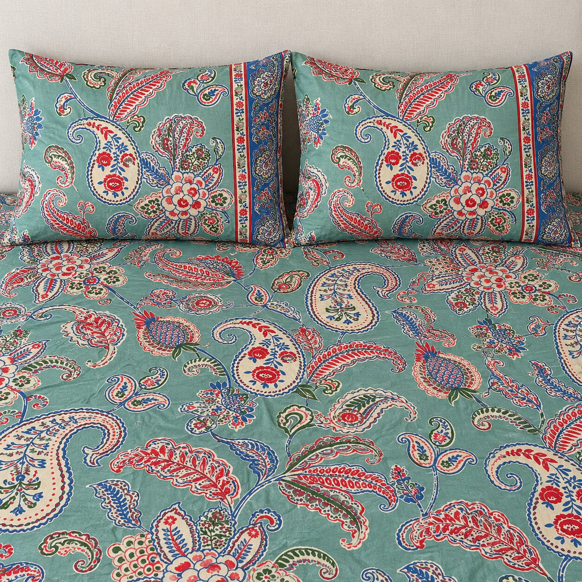 Teal Paisley Rangrez Bedsheet - BS_RZ_KS_010 - pillow covers