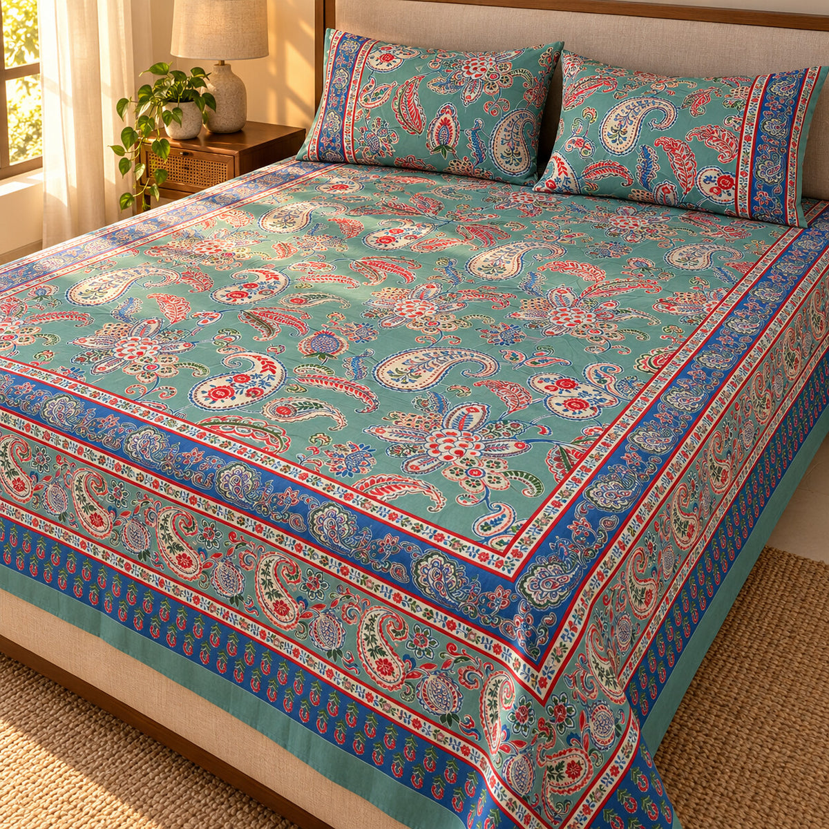 Teal Paisley Rangrez Bedsheet - BS_RZ_KS_010 - golden hour