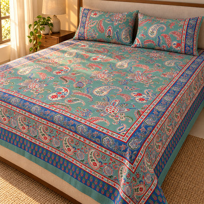 Teal Paisley Rangrez Bedsheet - BS_RZ_KS_010 - golden hour