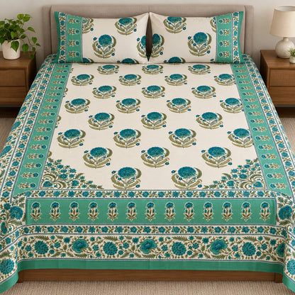 Ivory Teal Floral Rangrez Bedsheet - BS_RZ_KS_012 - hero