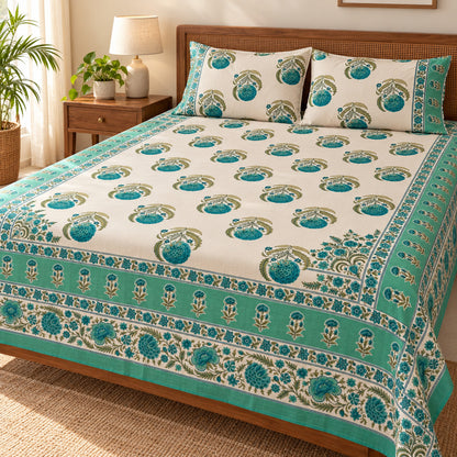 Ivory Teal Floral Rangrez Bedsheet - BS_RZ_KS_012 - bed lifestyle
