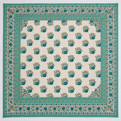 Ivory Teal Floral Rangrez Bedsheet - BS_RZ_KS_012 - full print