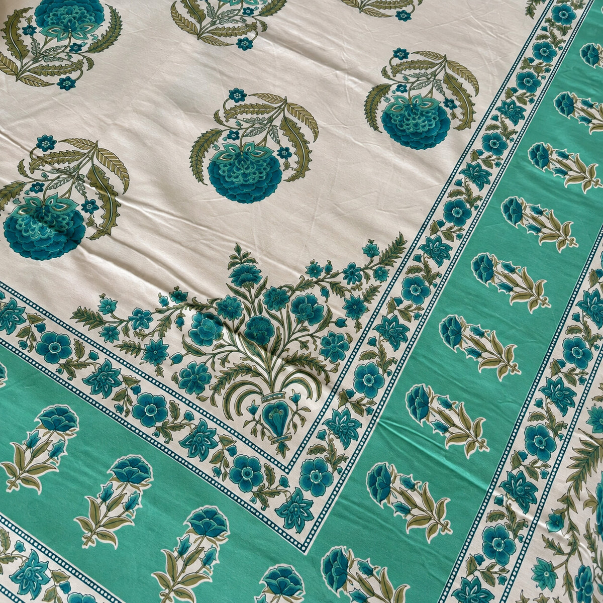 Ivory Teal Floral Rangrez Bedsheet - BS_RZ_KS_012 - fabric close-up