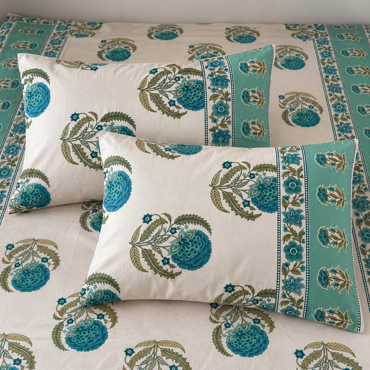 Ivory Teal Floral Rangrez Bedsheet - BS_RZ_KS_012 - pillow covers