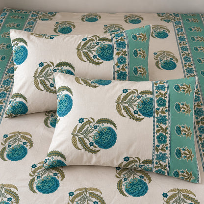 Ivory Teal Floral Rangrez Bedsheet - BS_RZ_KS_012 - pillow covers