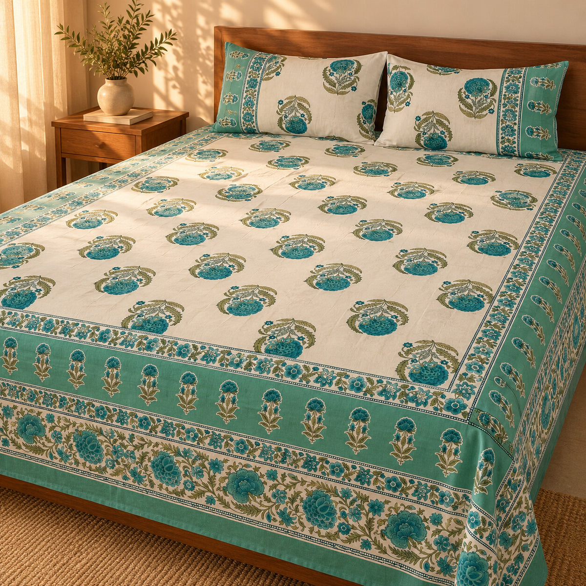 Ivory Teal Floral Rangrez Bedsheet - BS_RZ_KS_012 - golden hour