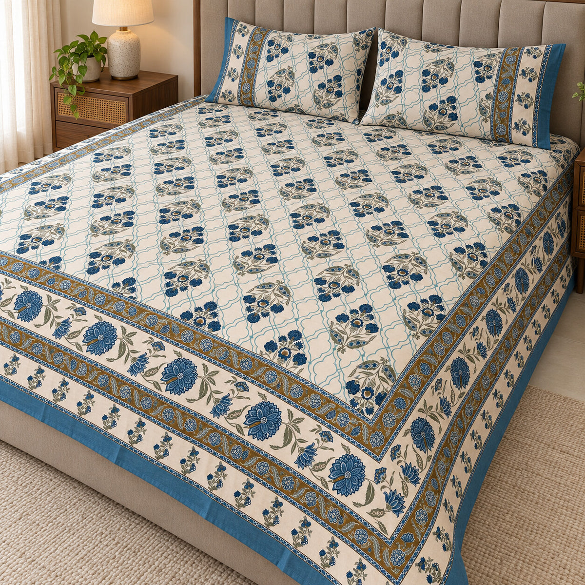 Blue Trellis Buti Rangrez Bedsheet - BS_RZ_KS_013 - hero