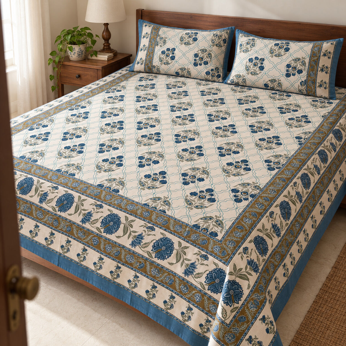 Blue Trellis Buti Rangrez Bedsheet - BS_RZ_KS_013 - bed lifestyle