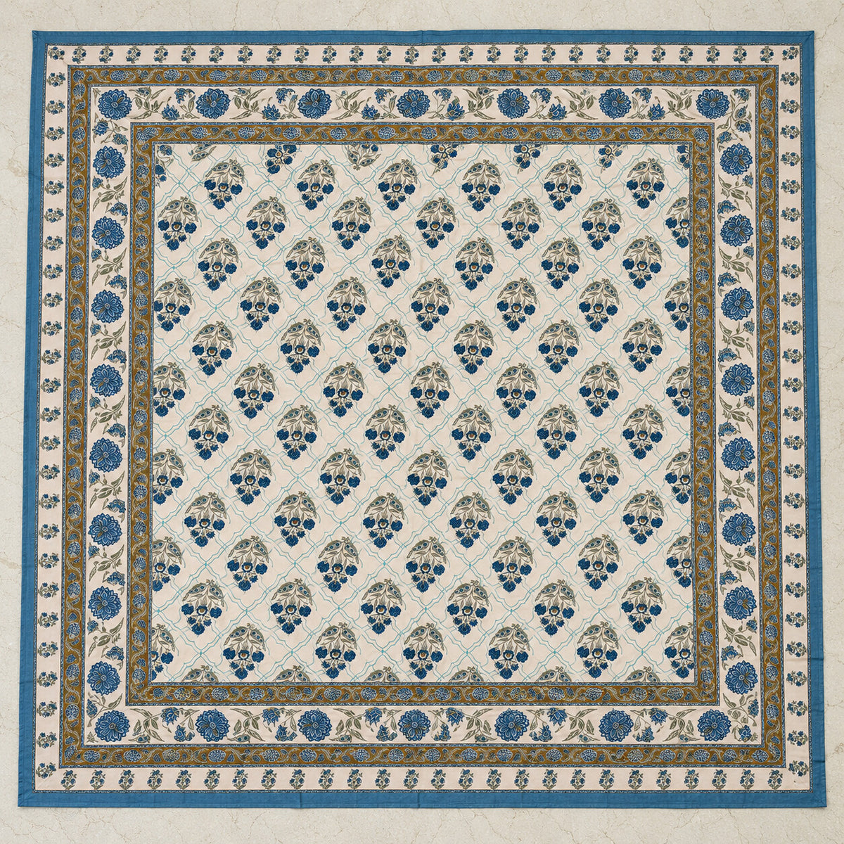 Blue Trellis Buti Rangrez Bedsheet - BS_RZ_KS_013 - full print