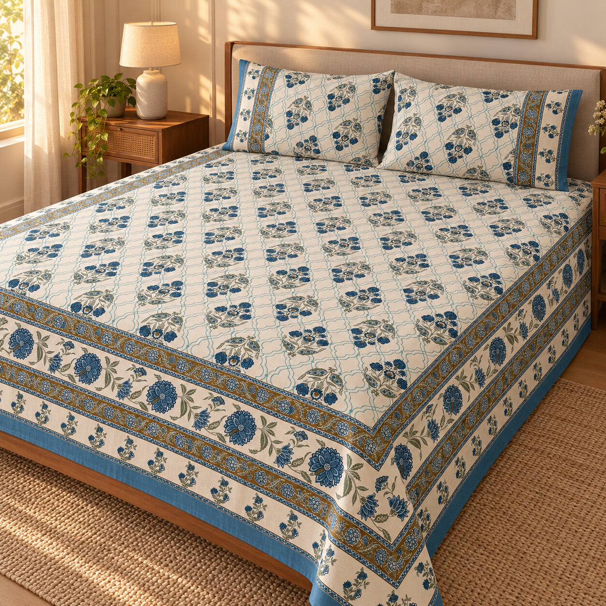Blue Trellis Buti Rangrez Bedsheet - BS_RZ_KS_013 - golden hour