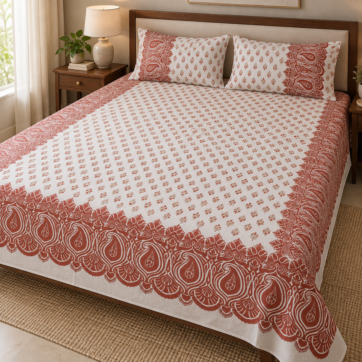 Maroon Paisley Border Rangrez Bedsheet - BS_RZ_KS_016 - bed lifestyle