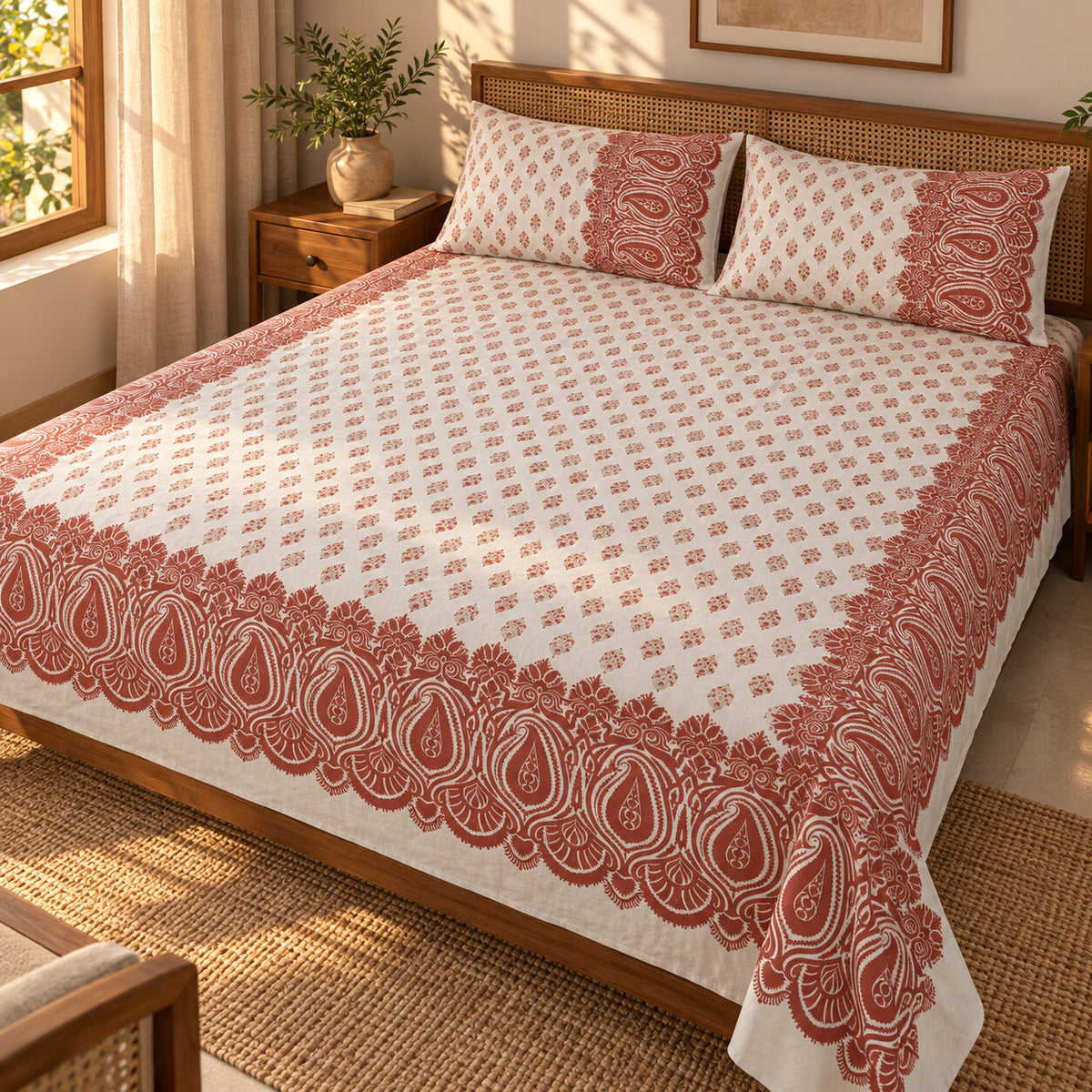 Maroon Paisley Border Rangrez Bedsheet - BS_RZ_KS_016 - golden hour