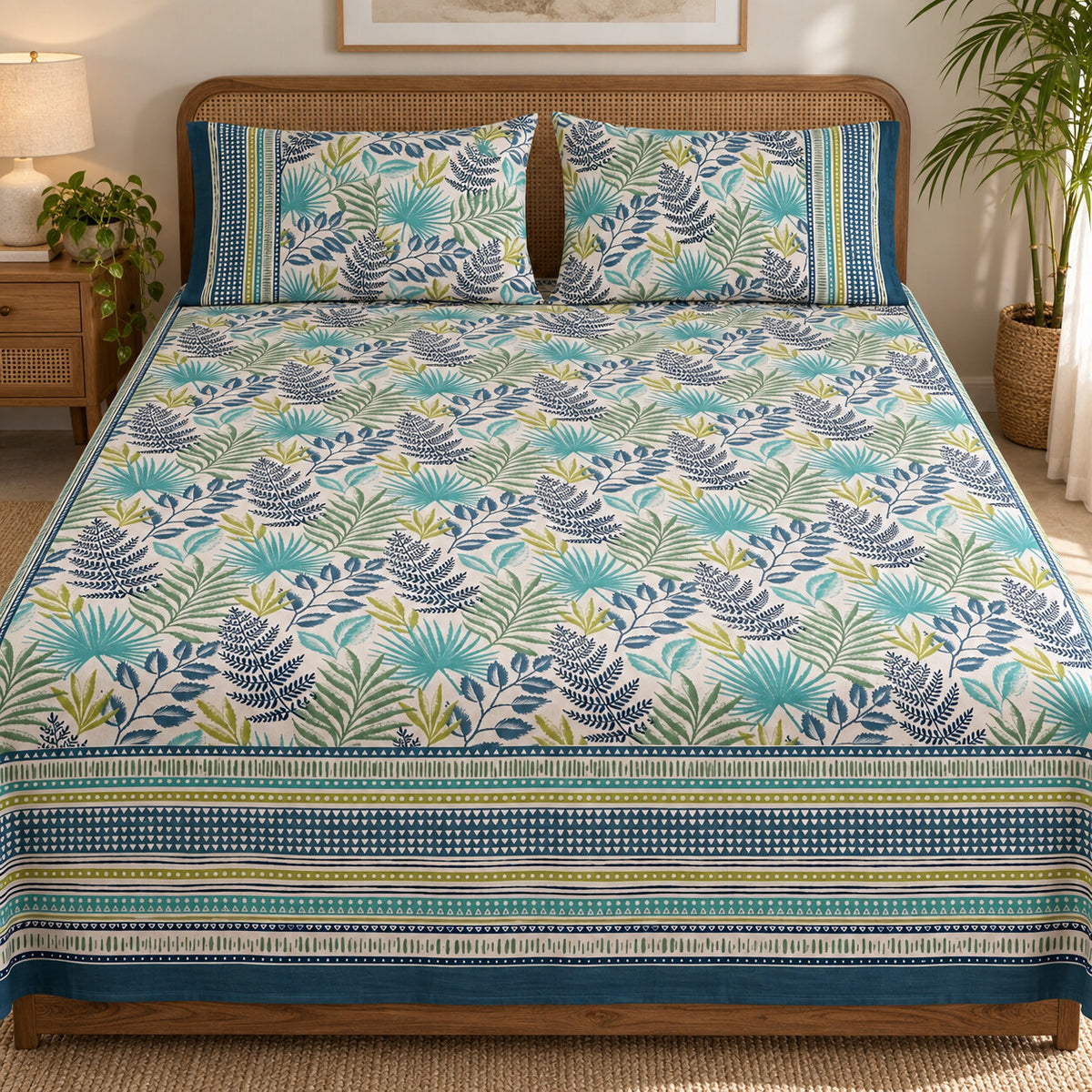 Teal Tropical Leaf Rangrez Bedsheet - BS_RZ_KS_017 - bed lifestyle