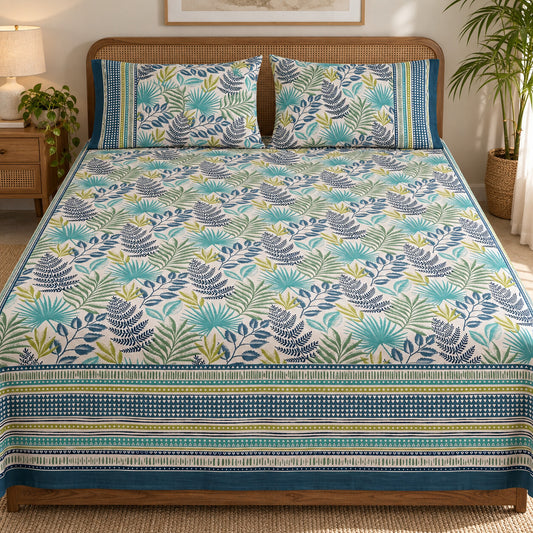 Teal Tropical Leaf Rangrez Bedsheet - BS_RZ_KS_017 - bed lifestyle