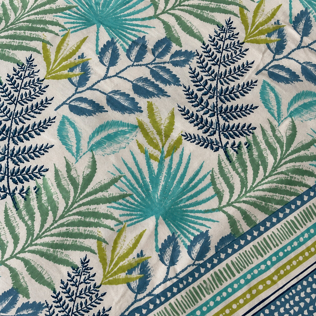 Teal Tropical Leaf Rangrez Bedsheet - BS_RZ_KS_017 - fabric close-up