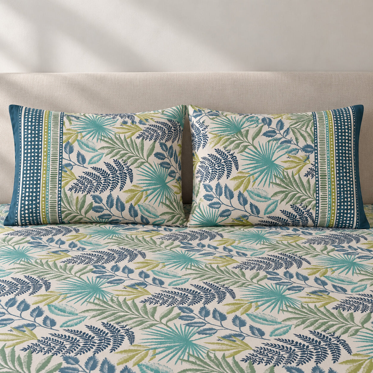 Teal Tropical Leaf Rangrez Bedsheet - BS_RZ_KS_017 - pillow covers
