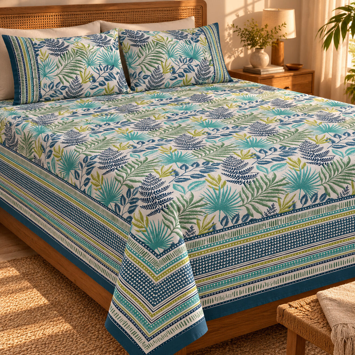 Teal Tropical Leaf Rangrez Bedsheet - BS_RZ_KS_017 - golden hour