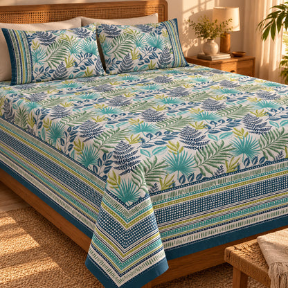 Teal Tropical Leaf Rangrez Bedsheet - BS_RZ_KS_017 - golden hour
