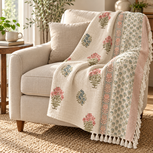 Rose Blue Mughal Buti Baithak Hand Block Printed Cotton Jute Sofa Throw (60x90 in)