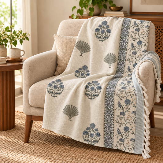 Indigo Palm Fan Baithak Hand Block Printed Cotton Jute Sofa Throw (60x90 in)