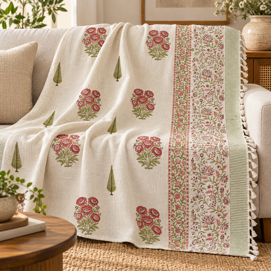 Brick Rose Cypress Baithak Hand Block Printed Cotton Jute Sofa Throw (60x90 in)