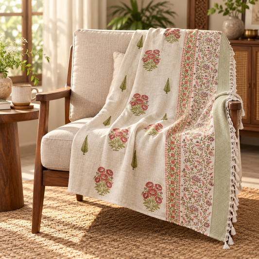Brick Rose Cypress Baithak Hand Block Printed Cotton Jute Sofa Throw (60x90 in)