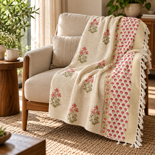 Pink Lily Buti Baithak Hand Block Printed Cotton Jute Sofa Throw (60x90 in)