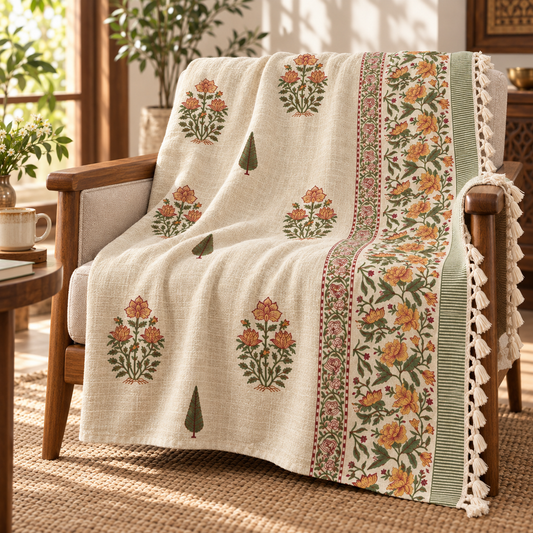 Saffron Garden Baithak Hand Block Printed Cotton Jute Sofa Throw (60x90 in)