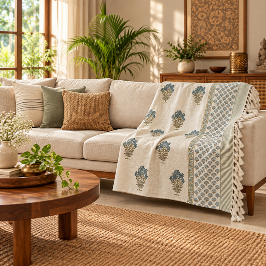 Indigo Buti Baithak Hand Block Printed Cotton Jute Sofa Throw (60x90 in)