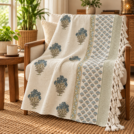 Indigo Buti Baithak Hand Block Printed Cotton Jute Sofa Throw (60x90 in)