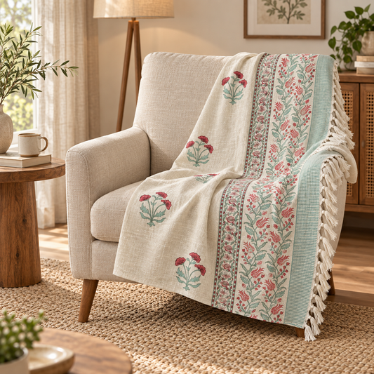 Rose Mint Carnation Baithak Hand Block Printed Cotton Jute Sofa Throw (60x90 in)