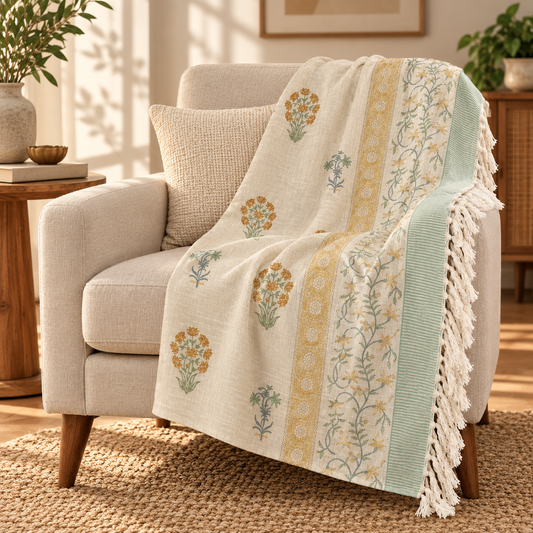 Mustard Vine Baithak Hand Block Printed Cotton Jute Sofa Throw (60x90 in)