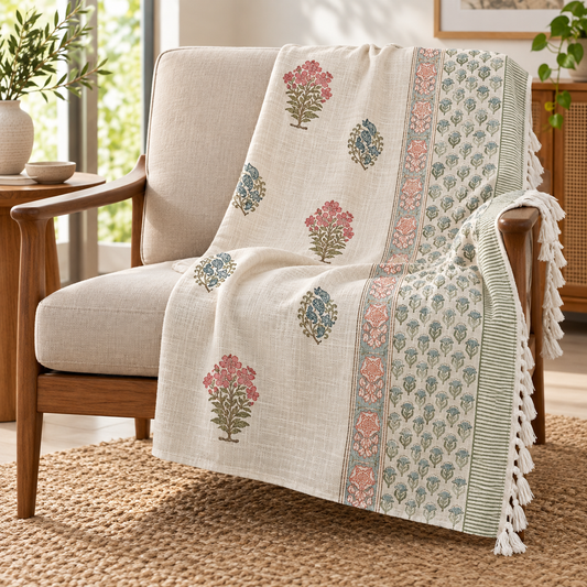 Rose Blue Mughal Buti Baithak Hand Block Printed Cotton Jute Sofa Throw (60x90 in)
