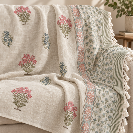 Rose Blue Mughal Buti Baithak Hand Block Printed Cotton Jute Sofa Throw (60x90 in)