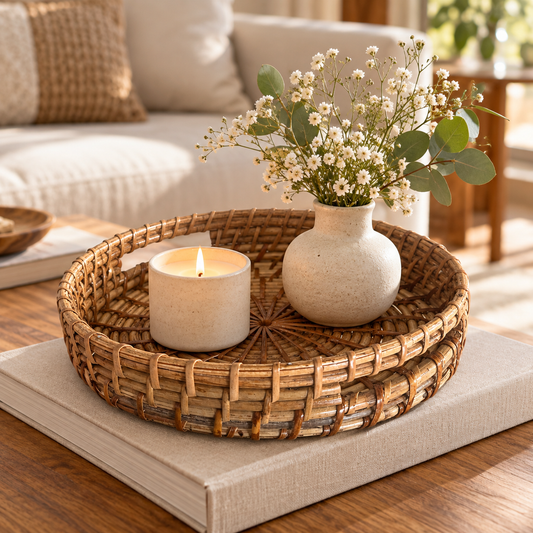 Handmade Round Nesting Cane Tray with Incut Handles — Set of 3 or Individual Sizes