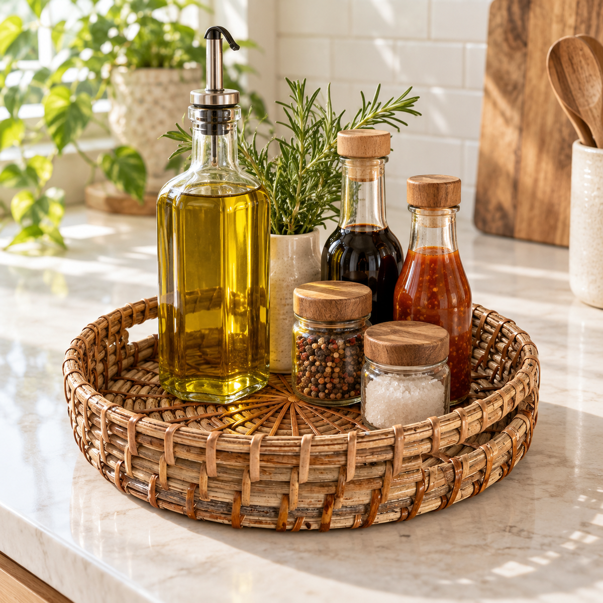 Handmade Round Nesting Cane Tray with Incut Handles — Set of 3 or Individual Sizes