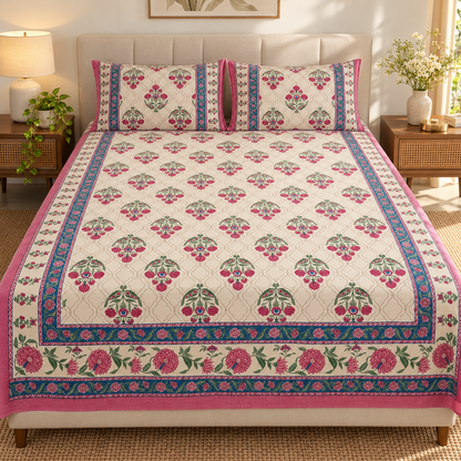 Magenta Floral Buti Rangrez Sanganeri Printed 100% Cotton King Bedsheet (108x108 in) with Two Pillow Covers