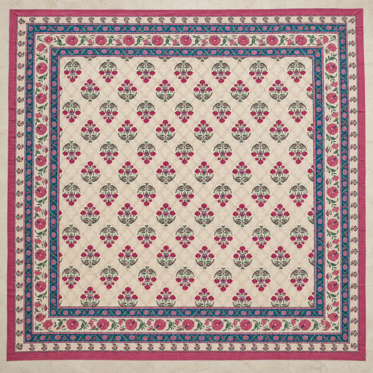 Magenta Floral Buti Rangrez Sanganeri Printed 100% Cotton King Bedsheet (108x108 in) with Two Pillow Covers