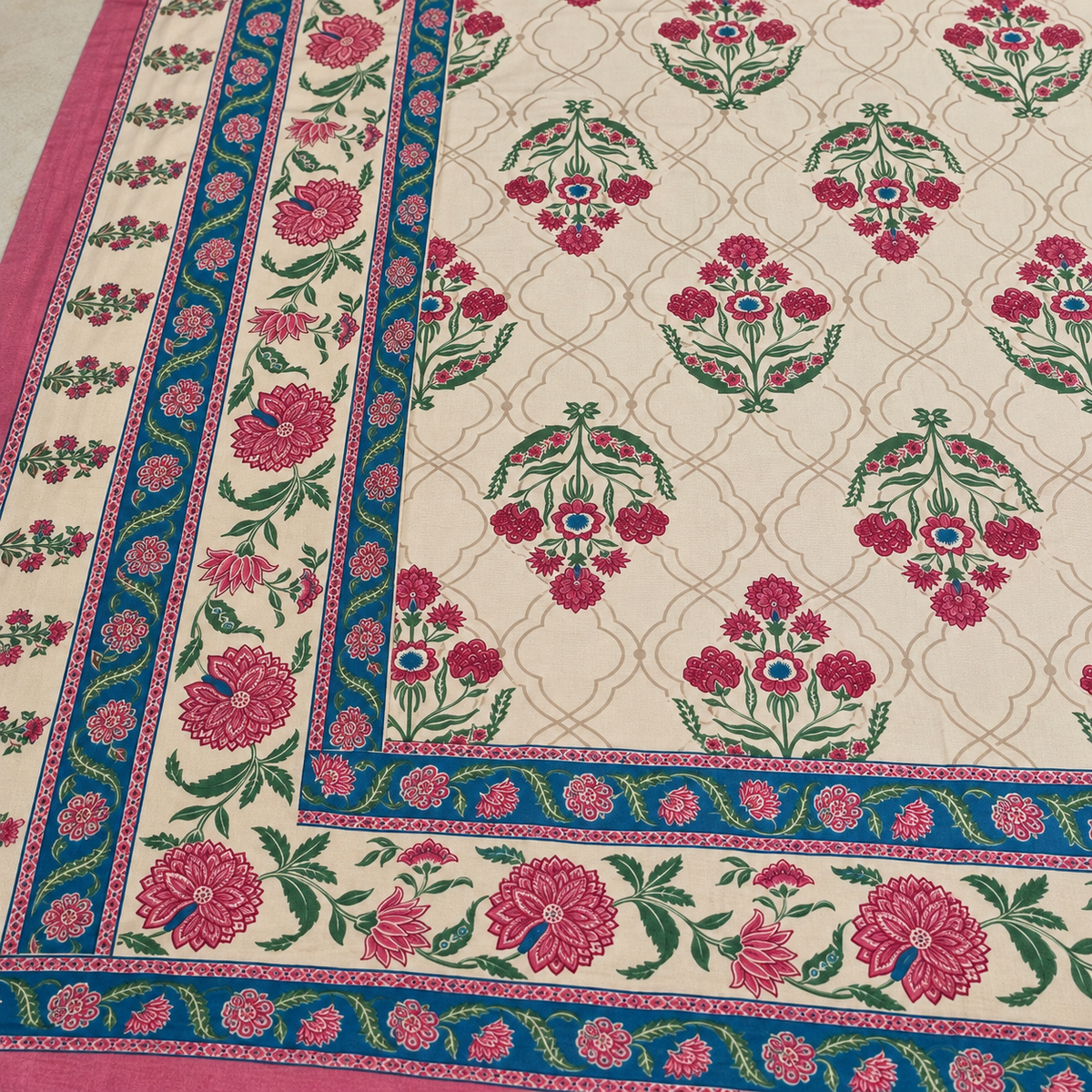Magenta Floral Buti Rangrez Sanganeri Printed 100% Cotton King Bedsheet (108x108 in) with Two Pillow Covers