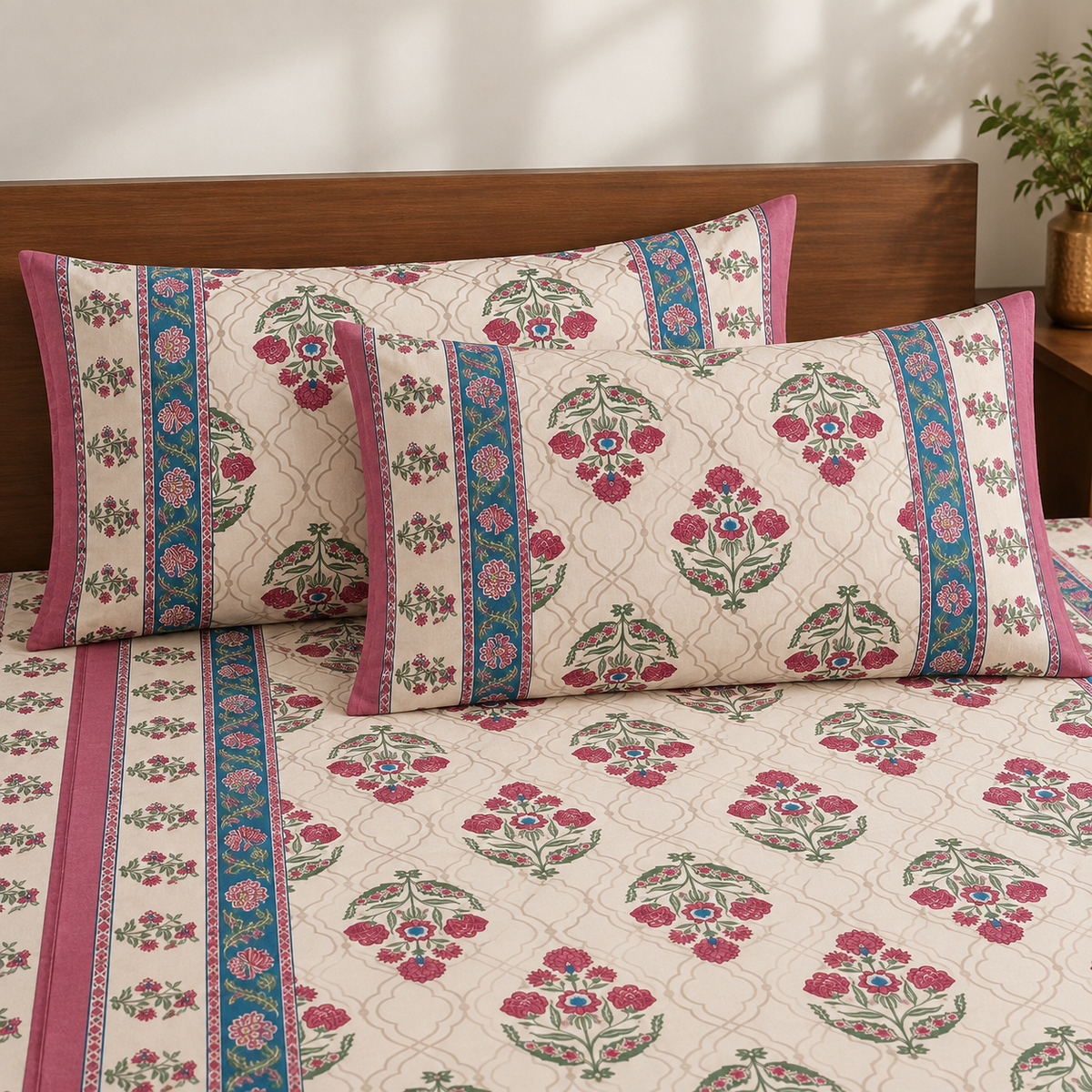 Magenta Floral Buti Rangrez Sanganeri Printed 100% Cotton King Bedsheet (108x108 in) with Two Pillow Covers
