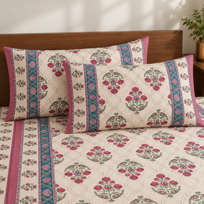 Magenta Floral Buti Rangrez Sanganeri Printed 100% Cotton King Bedsheet (108x108 in) with Two Pillow Covers