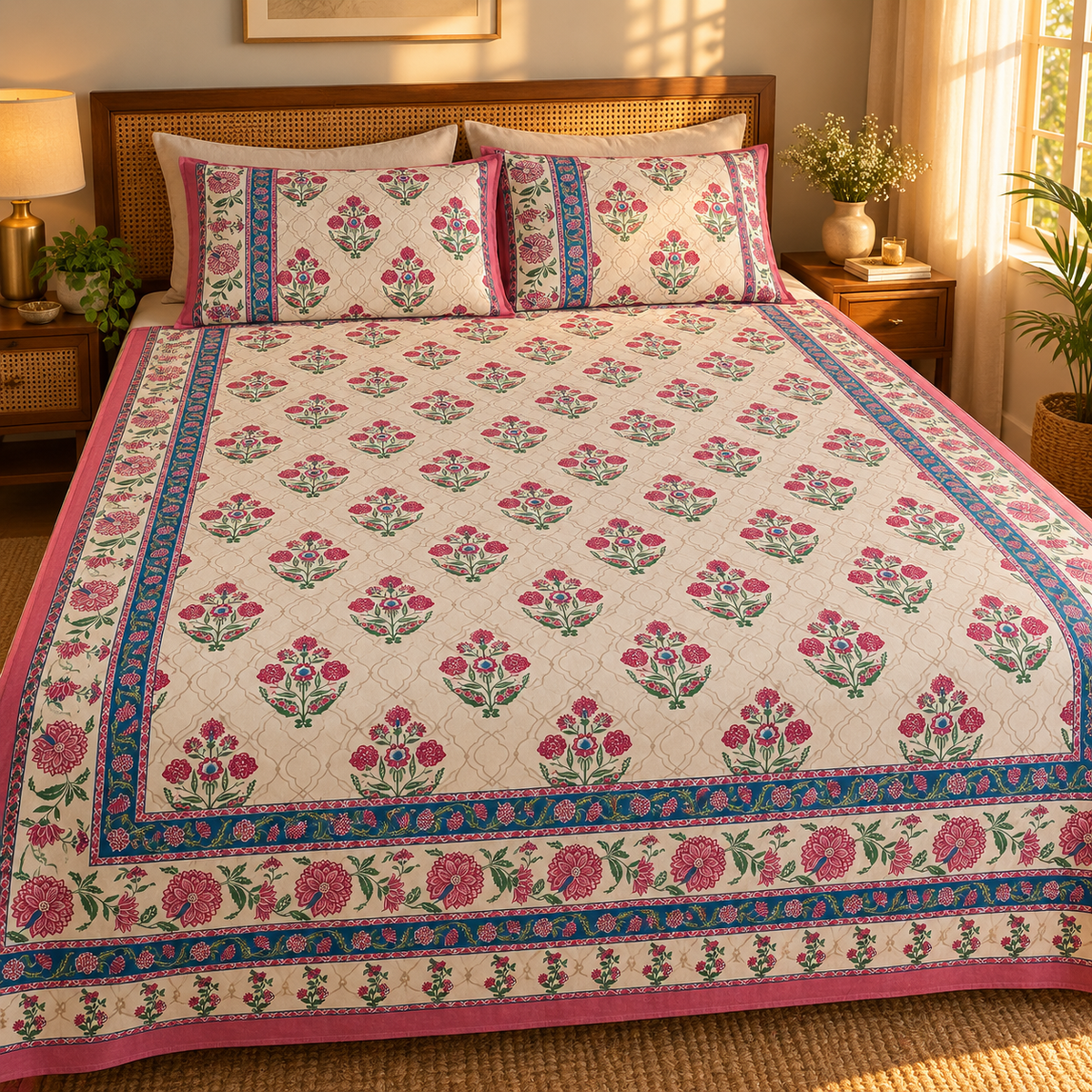 Magenta Floral Buti Rangrez Sanganeri Printed 100% Cotton King Bedsheet (108x108 in) with Two Pillow Covers
