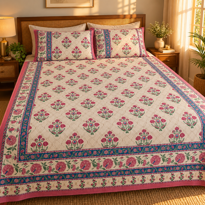 Magenta Floral Buti Rangrez Sanganeri Printed 100% Cotton King Bedsheet (108x108 in) with Two Pillow Covers